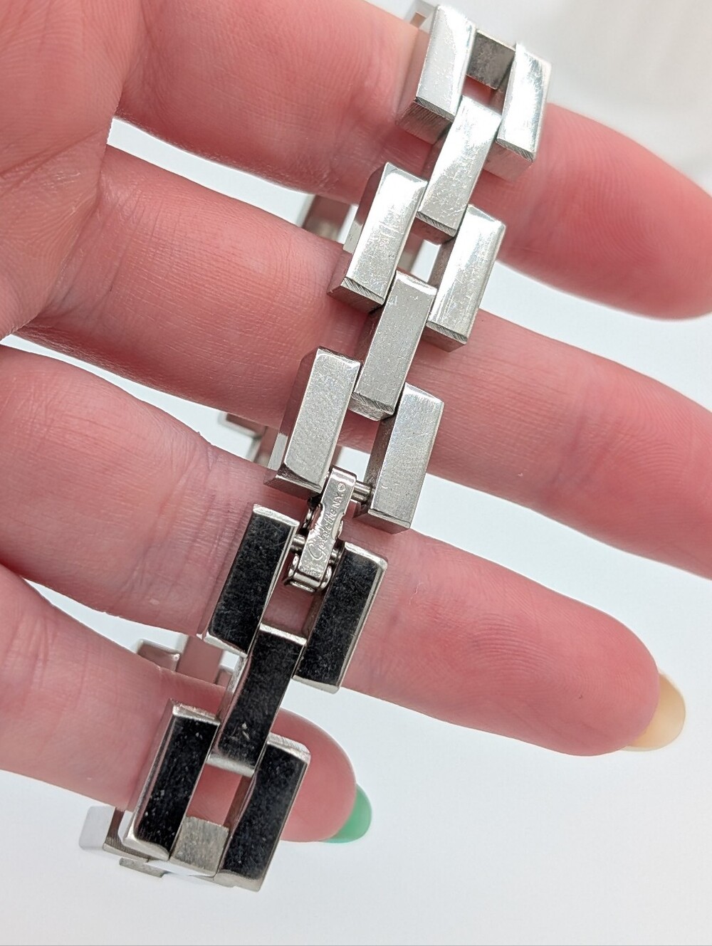 Vintage Goldette Wide Link Silver Tone Modernist Bracelet 7.5" - Picture 6 of 8
